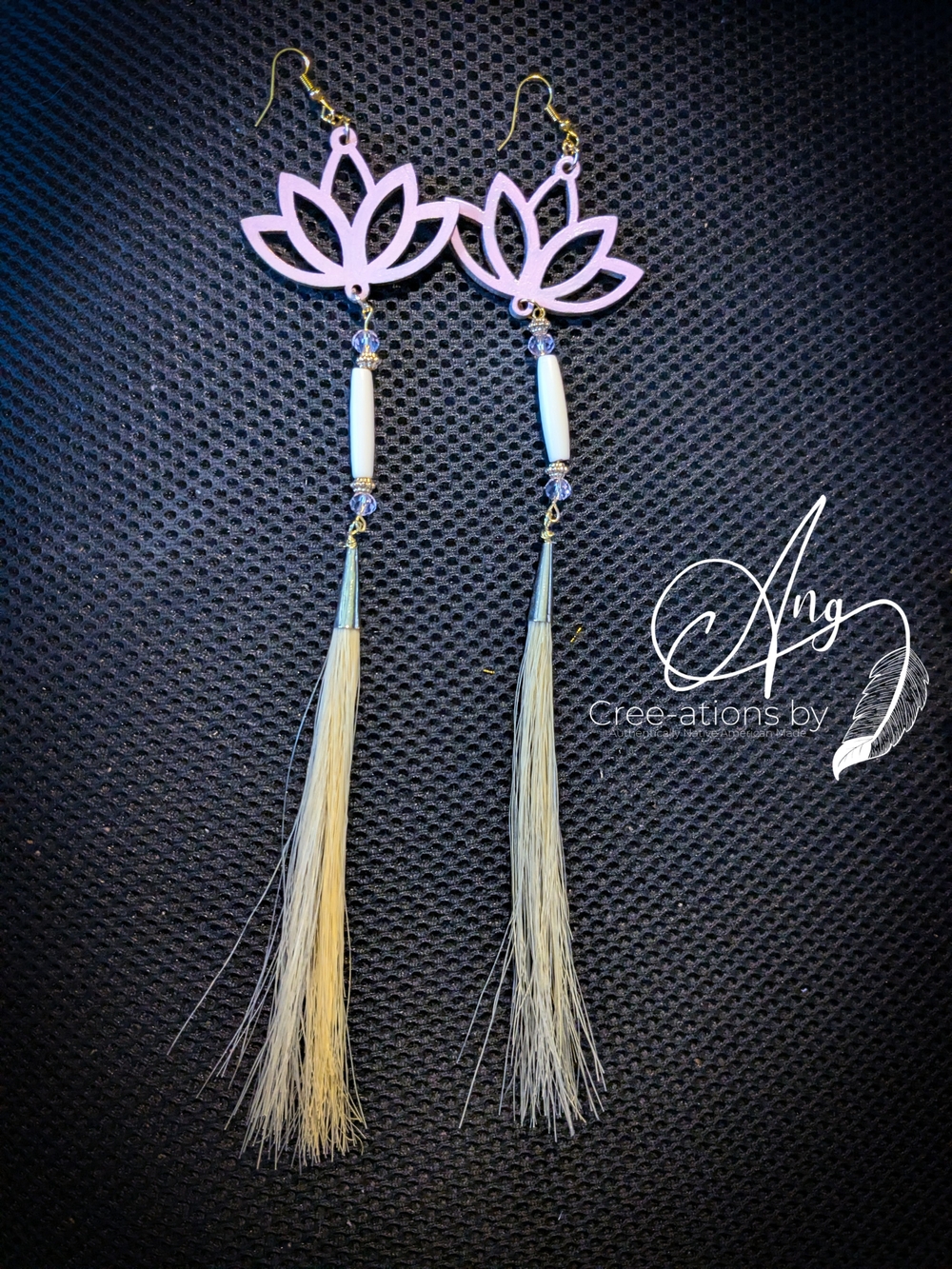 Indigenous Created Baby Pink Lotus Horse Hair Tassel Statement Earrings